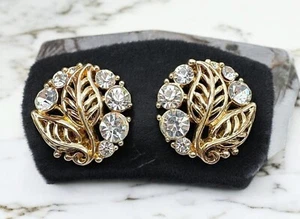 Pendientes Vintage Motivo Hoja Tornillo Trasero Racimo Tono Dorado con Estrás Transparente - Imagen 1 de 7