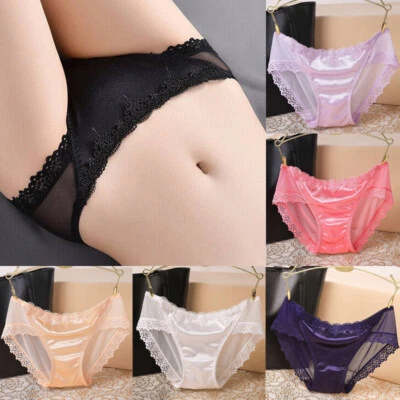 Women Knickers Sexy Lace Panties Seamless Underwear Shiny Satin Briefs Lady - Image 1 of 4