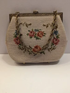 VTG Petit Point Needlepoint Large Button Style Closure Floral Handbag  - Picture 1 of 19