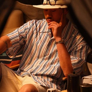 Retro Western Cowboy Mens Short Sleeve Striped Seersucker Button Up Shirts Loose - Picture 1 of 26