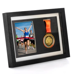 Medal Display Shadow Box, Single Medal and Photo Display Frame Case, Wood Mar... - Bild 1 von 8