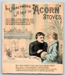 1880's ACORN STOVES METAMORPHIC TRADE CARD HONEYMOON LOVERS DONALDSON BROS LITHO - Picture 1 of 4