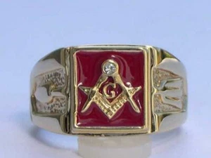 Masonic Mason Red Enamel Compasses Clear Austrian Crystal Men's Ring Size 7-15 - Picture 1 of 3