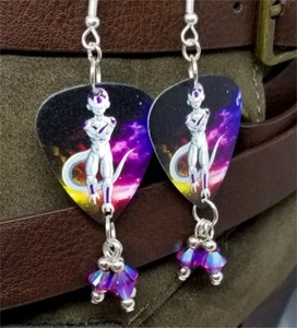 Dragon Ball Z Freeza Guitar Pick Earrings with Fuchsia Swarovski Crystal Dangles - Picture 1 of 5