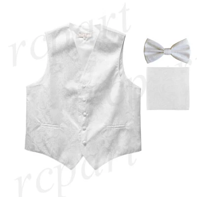 New Men's Formal Vest Tuxedo Waistcoat_bowtie set paisley pattern wedding White - Image 1 of 4