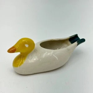 VTG Duck Ashtray Japan Glazed Pottery Shaped Trinket Dish White Yellow 3.5"x1.5" - Picture 1 of 9