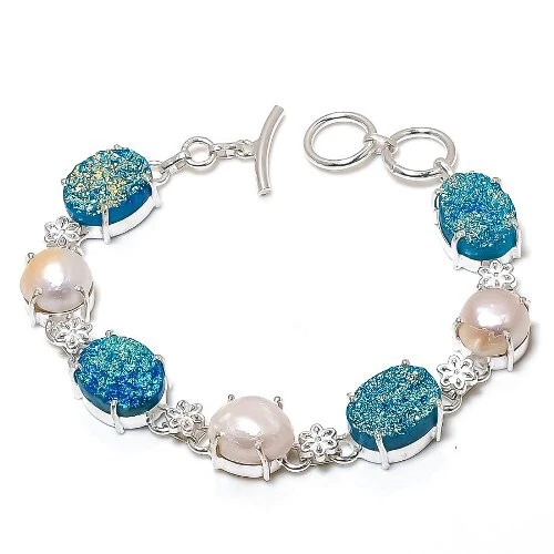 Brazalete de joyería enchapado en plata con piedras preciosas de perlas druzy de titanio 7-8" Foto 1 de 1