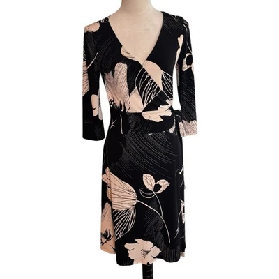 Jones New York Black Cream Floral Long Sleeve Wrap Dress 4 Office Careerwear - Image 1 of 4