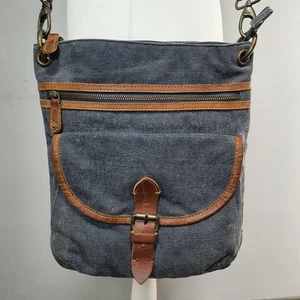 FATFACE Denim Tan Leather Trim Crossbody Bag Messenger Shoulder Strap Pockets - Picture 1 of 24