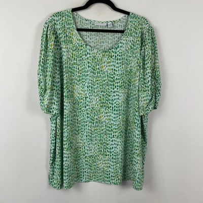 Top Susan Graver tejido líquido manga abullonada talla 3X verde manga codo elástico Foto 1 de 4