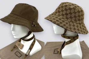 Gucci GG Monogram Stripe Cotton Canvas Reversible Bucket Hat Beige Size M - Picture 1 of 21