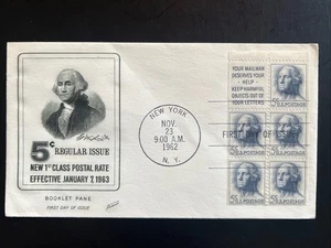 1213a George Washington New Rate Booklet Pane FDC Fleetwood Nov 23, 1962 - Picture 1 of 2
