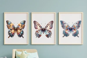 Impresiones de arte de pared de mariposas, juego de 3 mariposas de colores, impresiones de decoración de arte de pared - Imagen 1 de 2