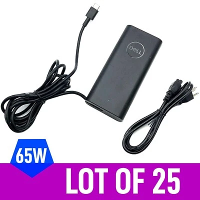 LOT OF 25 65W DELL USB C Charger Type C AC Adapter w/Power Cords - Image 1 of 4