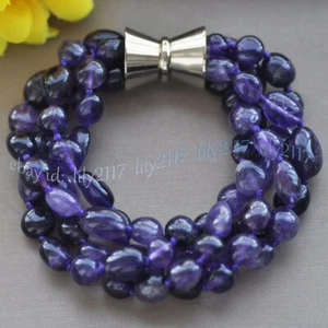 4 Rows 8-10mm Natural Purple Amethyst Irregular Freeform Gemstone Bracelet 7.5'' - Picture 1 of 3