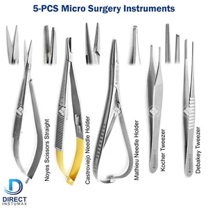 5-PCS Micro Surgery Kit Noyes Scissors Castroviejo Needle Holder DeBakey Forceps - Picture 1 of 7