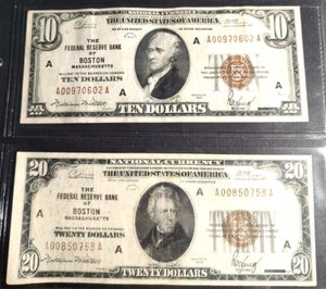 1929 $10 & $20 DOLLAR BOSTON NATIONAL CURRENCY Lot - Picture 1 of 4