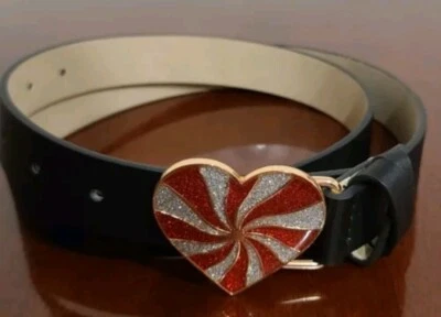 BETSEY JOHNSON CORAZÓN BASTÓN DE CARAMELO ESMALTE HEBILLA NAVIDAD NEGRO CINTURÓN NAVIDEÑO NUEVO M Foto 1 de 4