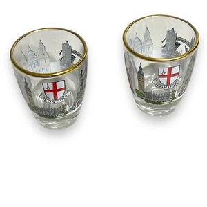 LONDON Shot Glass Set Of 2 Gold Trim Identical LOT Fine Colorful Detail, Unused - Picture 1 of 5