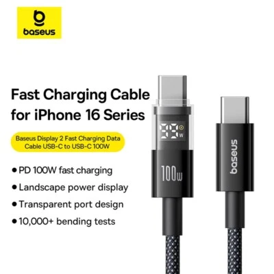 Baseus 100W Visible 2 Usb C To Usb C Fast Charging Cord For iPhone 15 16 Samsung - Image 1 of 4