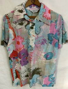 1970s NEON FLORAL Disco Shirt Mod Hippie pointed collar USA VTG Women’s Lg - Picture 1 of 9