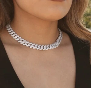 Womens Cuban Link Chain Iced Out Silver Miami Cuban Necklace With Diamond Bling - Picture 1 of 5