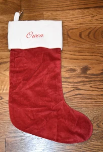 Pottery Barn Classic Velvet Stocking Red Owen Monogram NEW Medium - Picture 1 of 3
