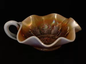 Dugan Carnival Glass Leaf Rays Peach Opalescent Handled Olive Dish - Picture 1 of 2