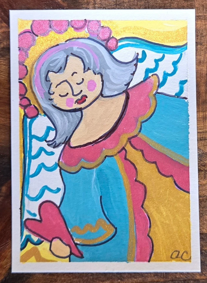PINTURA ORIGINAL ACEO ÁNGEL GOUACHE ACUARELA CAPRICHOSA LINDA BRILLO COLORIDO  Foto 1 de 1
