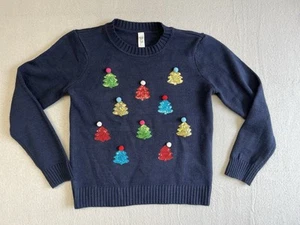 Aeropostale Kids Christmas Tree Pom Pom Sweater Navy Size 12 Ugly Sweater - Picture 1 of 8