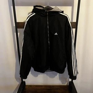 Vtg 90s Adidas Reversible Jacket Black Grey Mens Sz  XL Coat Hooded Zip Front - Picture 1 of 9