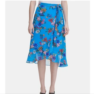 Falda para mujer Calvin Klein azul floral de gasa 10 cintura lazo hasta la rodilla Foto 1 de 4