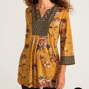 Soft surroundings yellow floral embroidered v-neck Etana Tunic top size large - Picture 1 of 9