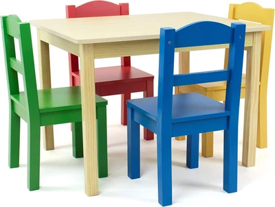 Humble Crew Kids Wooden Table and 4 Chairs Set, 4 chair set, Natural/Primary  - Изображение 1 из 4