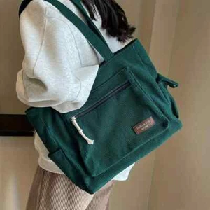 Simple Corduroy Tote Bag Shoulder Bag Pockets Handbag School - Picture 1 of 18