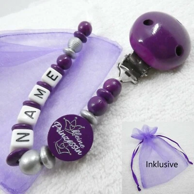 GIFT-STORE24 Schnullerkette mit Namen, lila, silber, kleine Prinzessin, Mädchen, Geburt