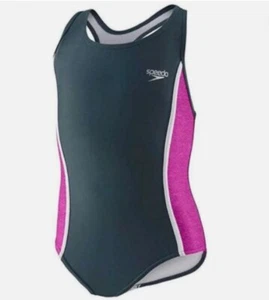 Speedo Girls One-Piece Swimsuit Size 6 Racerback Design Heather Black and Pink - Picture 1 of 2