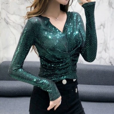 Women Shiny Sequin T-shirt Top Long Sleeve Glitter Blouse Frill Slim Formal Top - Image 1 of 4
