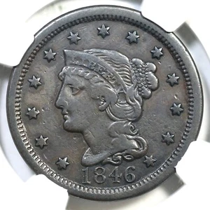 1846 N-23 R-5+ NGC VF Details Tall Date Braided Hair Large Cent Coin 1c - Picture 1 of 3