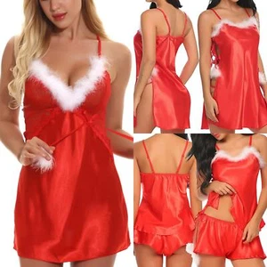 Womens Christmas Sexy Satin Silk Pajamas Sets Lingerie Sexy Nightdress Nightgown - Picture 1 of 26