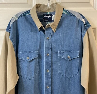 Men’s Wrangler Denim Front Blue Plaid Back Button Up Khaki Long Sleeves Size ?? - Image 1 of 4