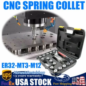 ER32 MT3 Shank Chuck w/15 PCS Collets Set - M12 Chuck 3-20mm 3MT&Storage Box - Picture 1 of 12