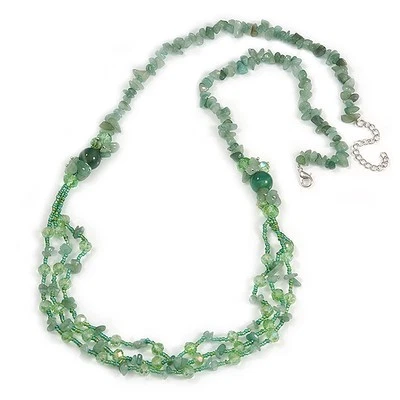 Statement Long Multistrand Glass and Semiprecious Stone Necklace In Jade Green - Image 1 of 4