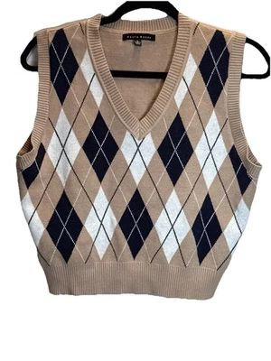 Haute Monde Crop Top Womens Small Tan Argyle Sleeveless Cropped Sweater Viscose - Image 1 of 4