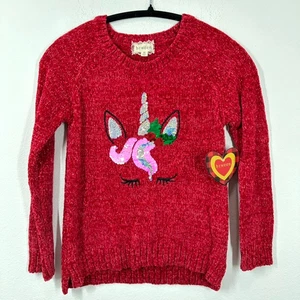 Maglione natalizio Btween bambina taglia 10 rosso ciniglia rosa unicorno glam ragazza nuovo con etichette - Foto 1 di 9