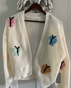Luna Ivy Cardigan Sweater NWT Sz XS, Cream W Dimensional Colorful Butterflies - Picture 1 of 13