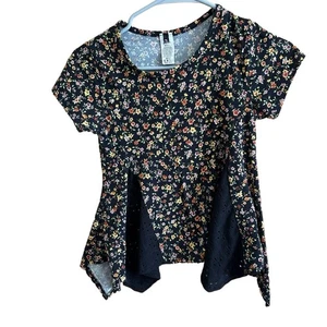 Blusa Niñas Talla M 10-12 Negra Floral Peplum Ojales Manga Corta Moda Boho - Imagen 1 de 5