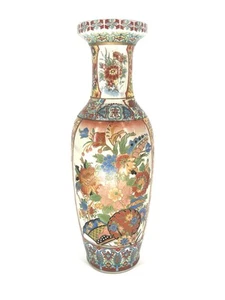 Vaso da terra asiatico alto 23,5" vintage cinese orientale dipinto a mano grandi fiori - Foto 1 di 14
