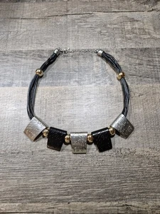 Ulla Popken Halskette Anhänger Modeschmuck Silber Schwarz Gold Lederband - Picture 1 of 7