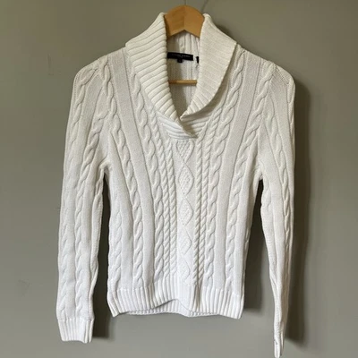 Винтажный Jeanne Pierre белый кабель вязаный свитер шаль воротник 100% хлопок маленький S - Изображение 1 из 3